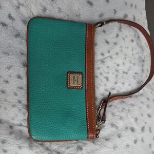 Dooney & Bourke Turquoise Pebble Leather Wristlet with Brown Trim